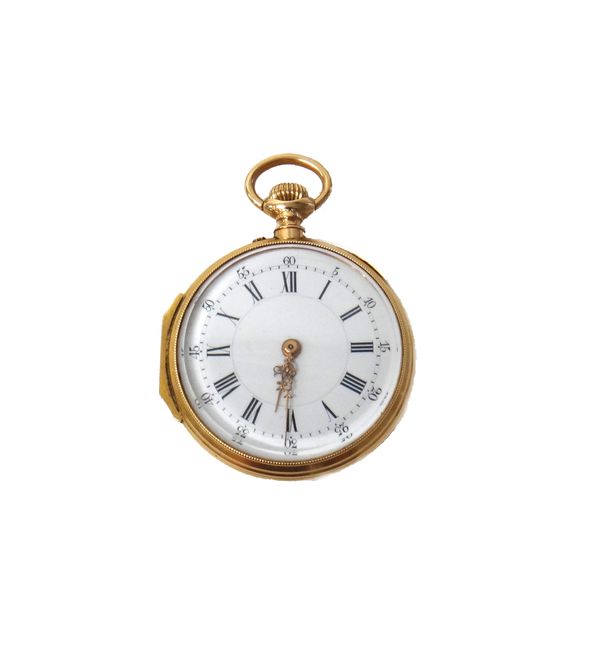 A lady's gold cased, keyless wind, openfaced fob watch, with an unsigned gilt jewelled lever movement, the enamelled dial with black Roman hour numera