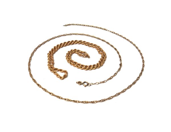 A 9ct gold rope twist link neckchain, on a boltring clasp and a gold multiple link neckchain, with a boltring clasp, (broken), combined weight 11gms,