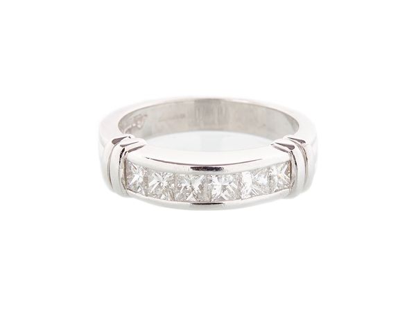 A platinum and diamond six stone half hoop ring, by Scott Kay, mounted with a row of princess cut diamonds, between ridged sides, detailed PLAT, ring