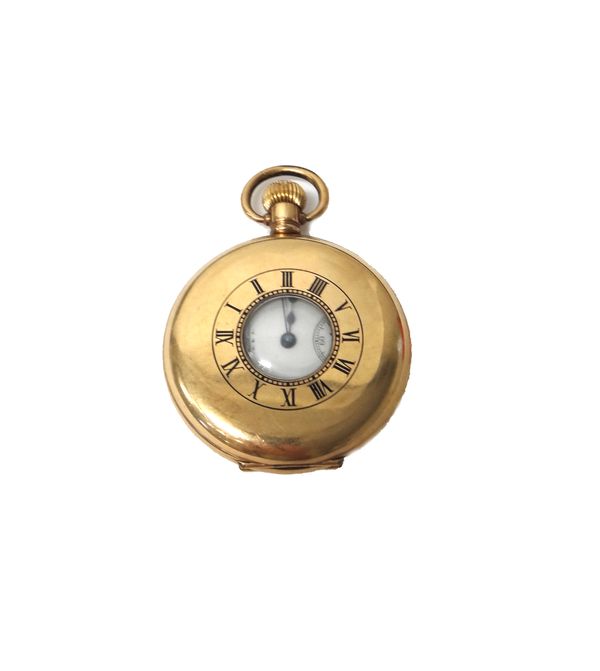 A gentleman's gilt metal cased keyless wind half hunting cased pocket watch, the lever movement detailed A.W.W.Co. WALTHAM, USA TRAVELER, 26922755, th