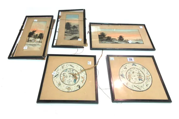 A pair of Oriental circular framed silk embroideries, a small group of prints and a quantity of tiles, (qty).   S10M