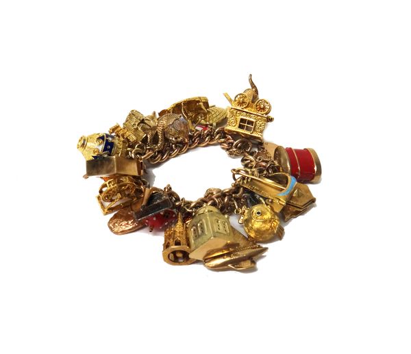 A 9ct gold curb link charm bracelet, fitted with a variety of mostly 9ct gold charms, including Arundel Castle, Chichester Cross and Chichester Festiv