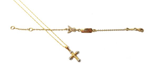 A two colour gold pendant cross, detailed '750', with a gold neckchain, on a boltring clasp detailed '750' and a two-colour gold identity bracelet wit