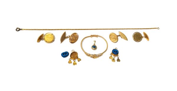 Mostly high grade gold jewellery, comprising; a colourless gem set child's bangle, detailed 21 K, a pair of cufflinks, mounted with gold coins and wit