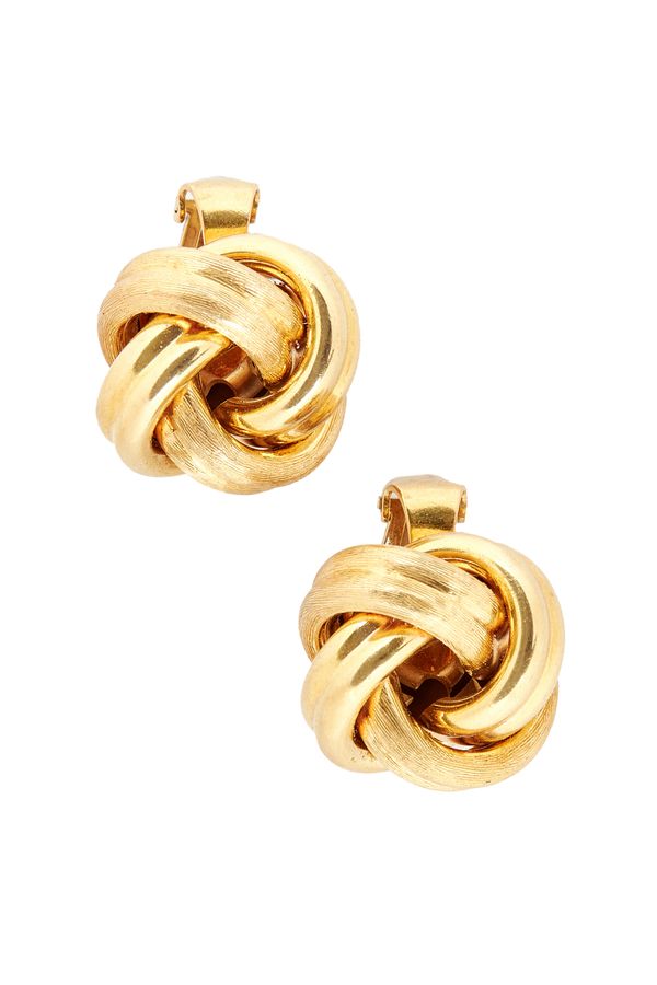 A pair of gold earclips, each in an entwined design, having a partly textured finish, detailed 750, combined gross weight 16.5 gms.  Illustrated