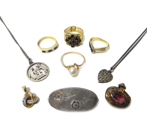 A gold ring, mounted with a cultured pearl, three gem set rings, two brooches, two silver pendants with neckchains and a 9ct gold and diamond set pend