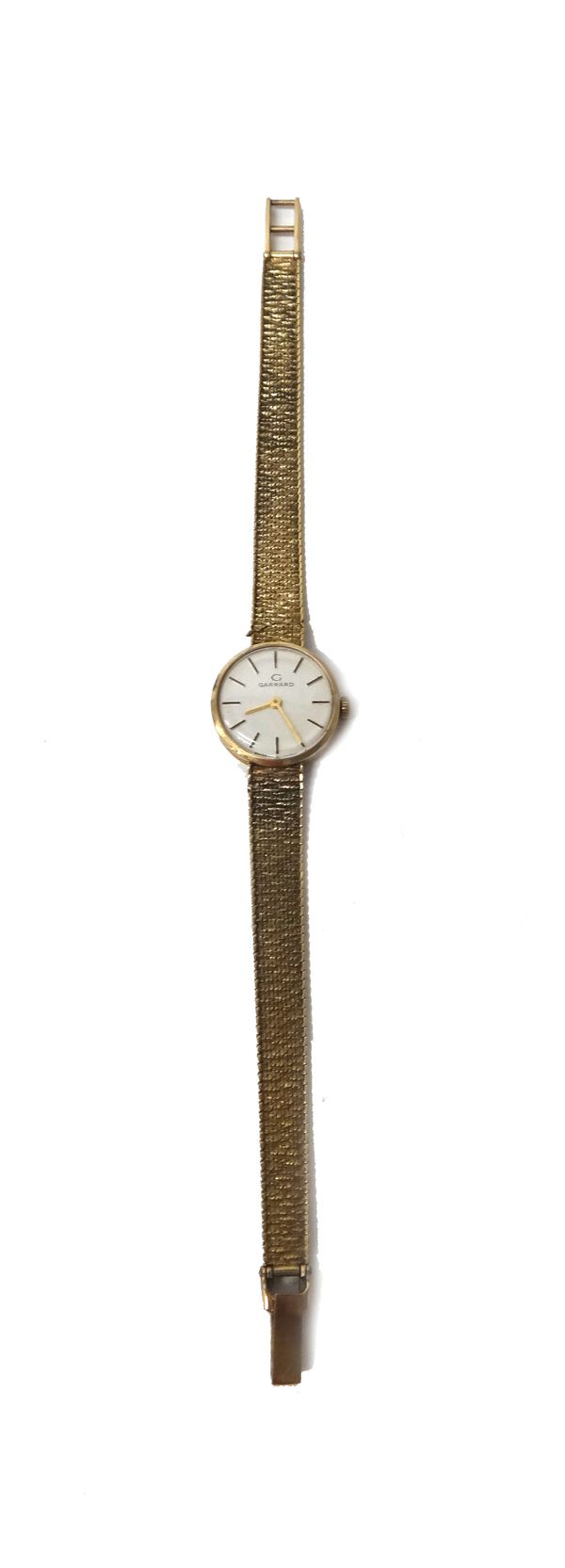 A lady's 9ct gold circular cased Garrard bracelet wristwatch, the signed circular silvered dial with baton shaped numerals, on a tapering woven mesh l