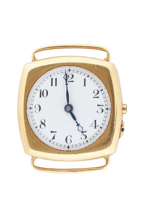 An 18ct gold, curved square cased gentleman's wristwatch, with a jewelled lever movement, detailed Swiss Made RS.Adjusted, the unsigned enamelled dial