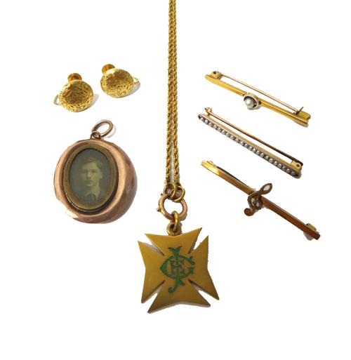 A gold and seed pearl set bar brooch, with a case, two further gold bar brooches, an oval pendant locket, a pair of gold earrings, with later screw fi