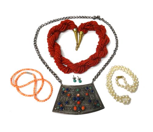 A single row necklace of uniform cultured pearls, on a gold clasp, with a case, a pair of imitation turquoise earstuds, a lapis lazuli, coral and turq