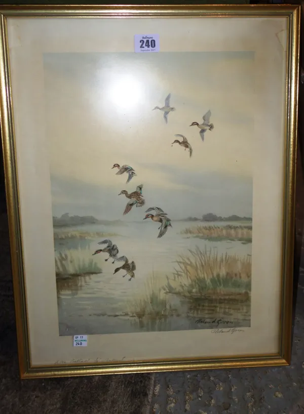 A signed Roland Green print of Landing ducks, two Oriental prints and two further, (5).  A7