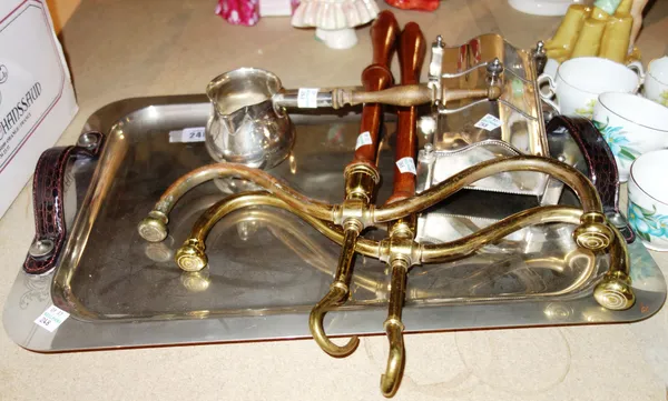 Silver plate and collectables, a small brandy warmer, an ink stand tray and a pair of clothes hangers. S11M
