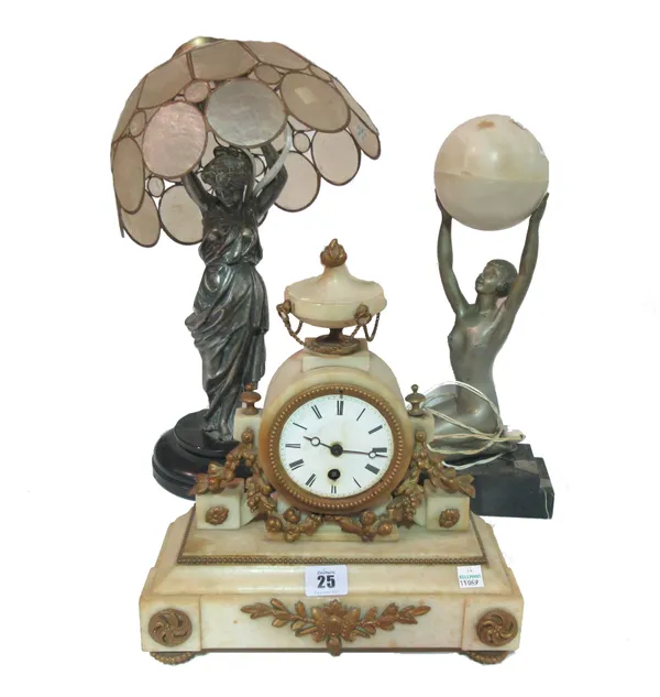 An Art Deco style table lamp formed as a woman, another lamp and an onyx mantel clock, (3).  S12B