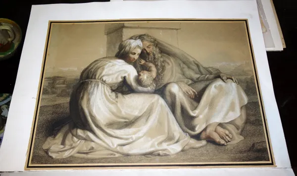 German School (19th century), The rest on the Flight into Egypt, charcoal and white chalk, unframed, 41cm x 58.5cm. CAB