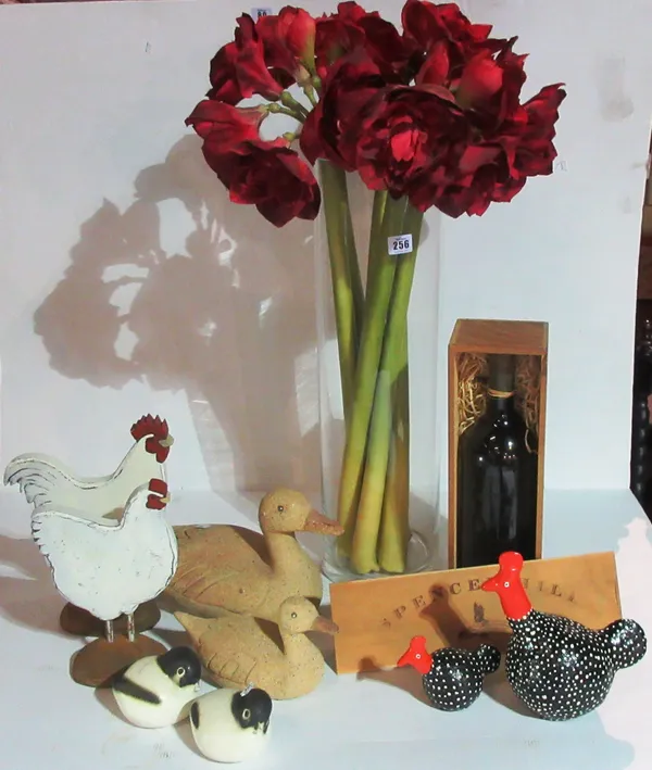 Collectables, comprising; assorted 20th century models of chickens and ducks, red flowers in a vase and wine boxes. K3
