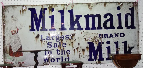 A large early 20th century blue and white enamel advertising sign for Milk Maid, 246cm wide x 110cm high. (a.f). E11