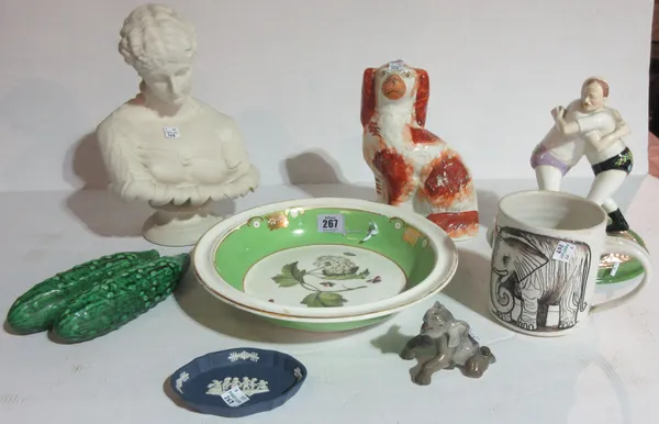 Ceramics, including a 'Lake District Heritage Centre' ceramic figure of wrestlers, a 'Bloor Derby' bowl, a porcelain bust and sundry, (qty). S10T
