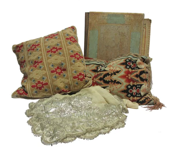 Textiles, including; 18th century and later assorted textile fragments, including a small fragment possibly Coptic, woolwork cushions and sundry (qty)