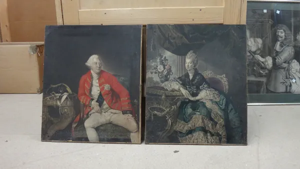 After Zoffany, Portrait of King George III; Portrait of Queen Charlotte, a pair, mezzotints with hand colouring, unframed, each 48cm x 41cm (2). CAB