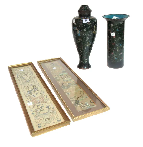 An Oriental framed tapestry, another similar, a cloisonne vase and a cloisonne vase and cover, (4).   S12T
