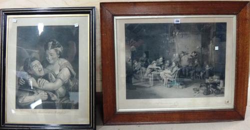 A group of four engravings including Village politicians after David Wilkie; The Miser and his mistress after Holbein, The Smile; The Frown after Thom