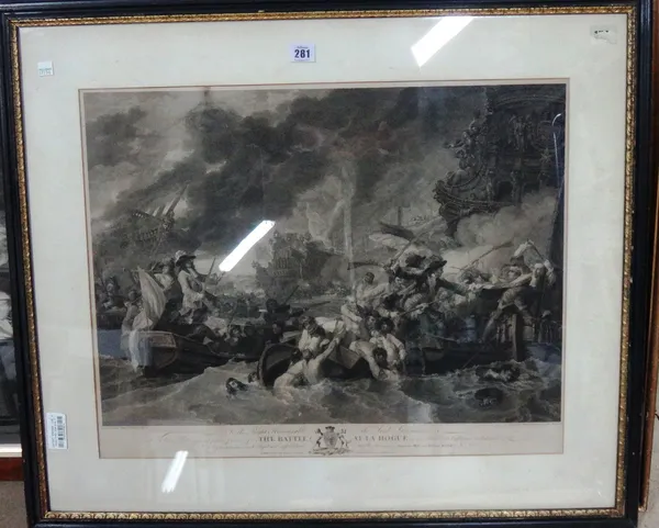 A group of five engravings and mezzotints, including The Battle at La Houge after Benjamin West; The reading of a will after David Wilkie; A school af
