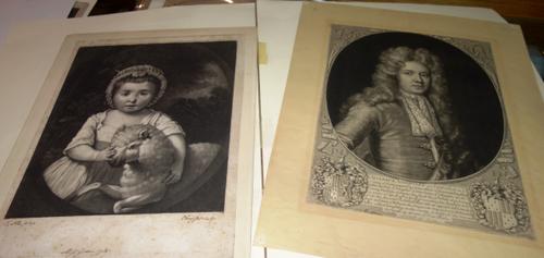 A group of assorted mezzotints and engravings including works after Vanloo, Romney, Kneller, Reynolds, Tourniere, Halls and others, all unframed (qty)