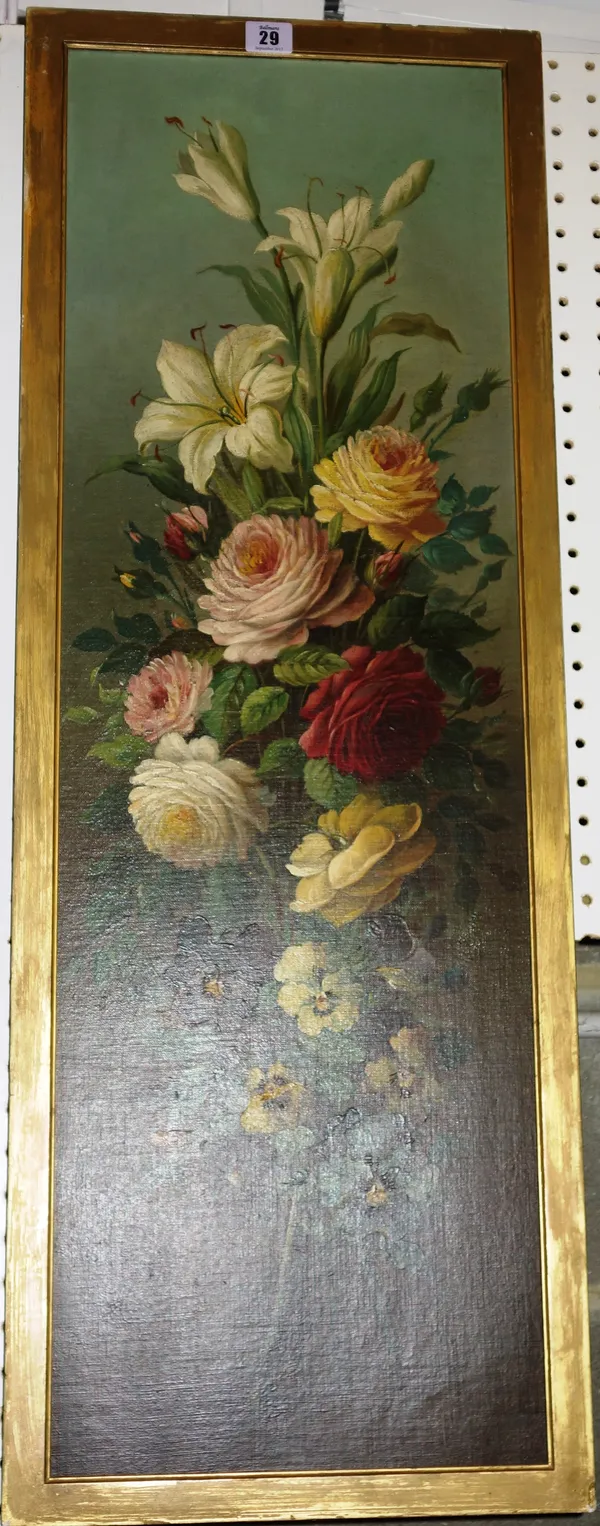 A. J. M. Drinkwater (19th/20th century), Still life of flowers, oil on canvas, signed and indistinctly dated, 90cm x 29cm.    M1
