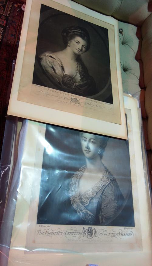 A group of assorted mezzotints including works after Read, Calze, Rubens, Romney, Moreland Gainsborough, Reynolds, Wright of Derby Iron Forge and othe