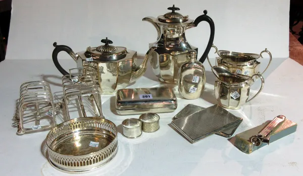 Plated wares, including; a teapot, a coffee pot, a bottle coaster, a cigar case and sundry, (qty). S11T