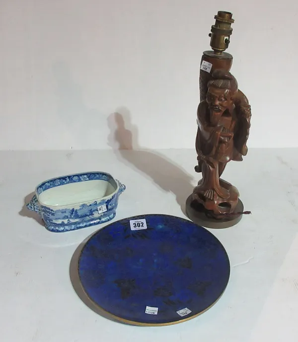 An Oriental carved hardwood figural lamp base, a 20th century cloisonne style pate and a blue and white twin handled bowl. S10T