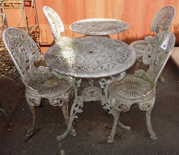 Two 20th century white painted aluminium garden tables and four chairs, (6). OUT