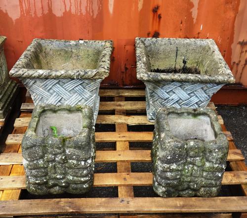 Garden statuary, including; a pair of reconstituted stone pots of flared form with lattice decoration, together with another pair, (4). OUT