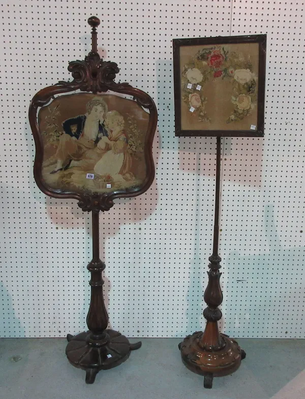 Two Victorian rosewood pole screens with needlework panels, (2). D7