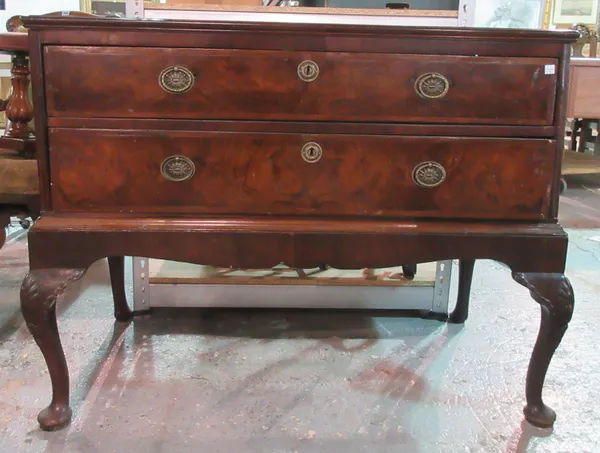 A George II style two drawer mahogany chest on cabriole supports with shell decoration, 103cm wide x 82cm high. G4