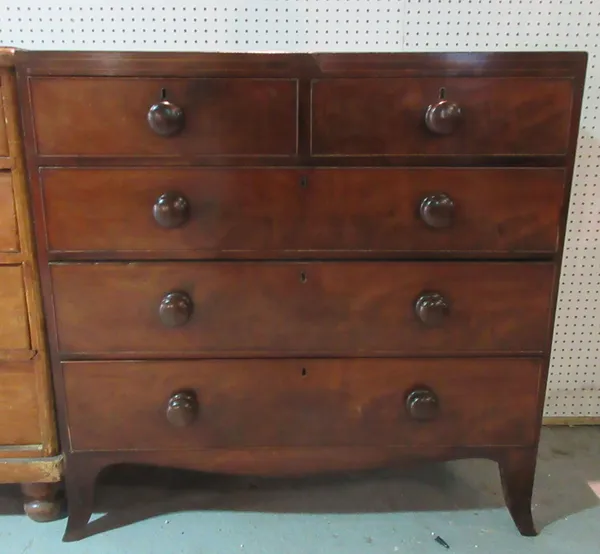 A 19th century mahogany chest of two short and three long graduated drawers, on splayed bracket feet, 107cm wide. S11