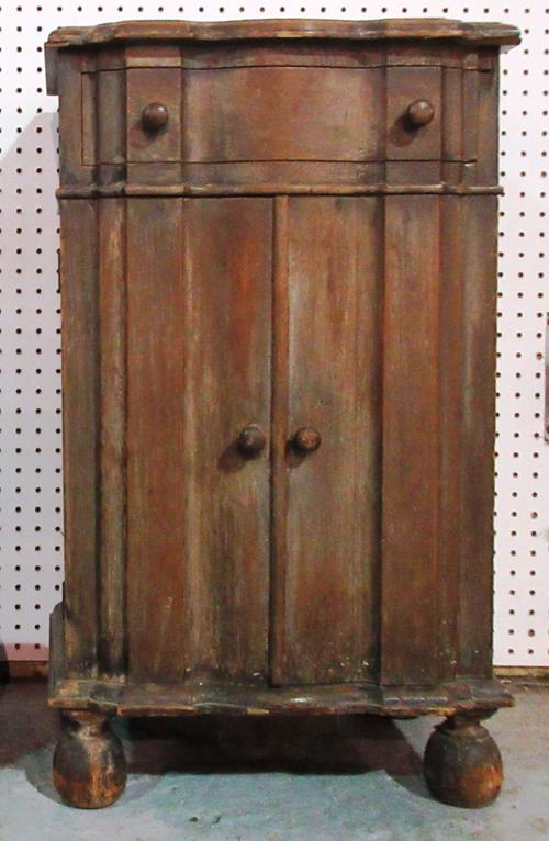 A Continental stained pine bedside cupboard, 44cm wide x 97cm high and a 20th century pine display case, (2). S8T & H6