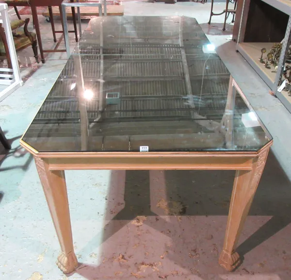 A large limed beech rectangular dining table, with mirrored glass top, 240cm wide.  H3