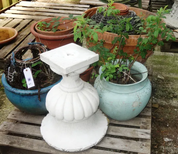 Garden statuary, comprising; a large terracotta planter with floral decoration, a 20th century white urn, two glazed plant pots and sundry, (qty).  OU