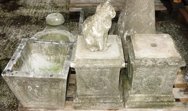 Garden statuary, comprising; a rectangular stone trough, a pair of square bases and sundry, (qty).OUTSIDE
