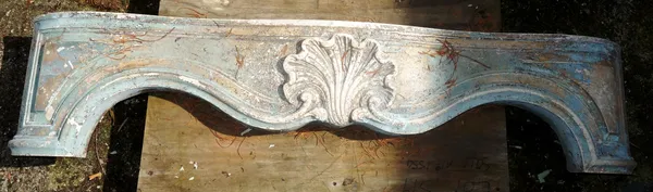 A French marble fire place section with shell carved decoration, 139cm long.   OUTSIDE