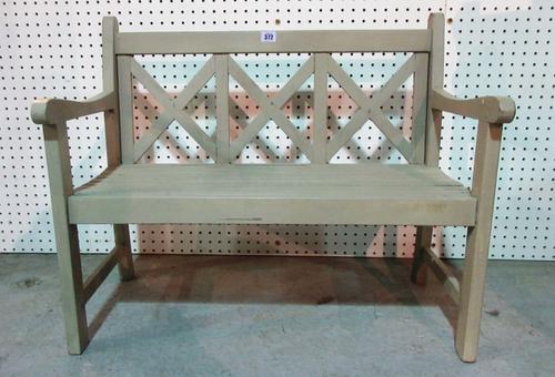 A 20th century grey painted child's garden bench, 72cm wide x 61cm high.   G6
