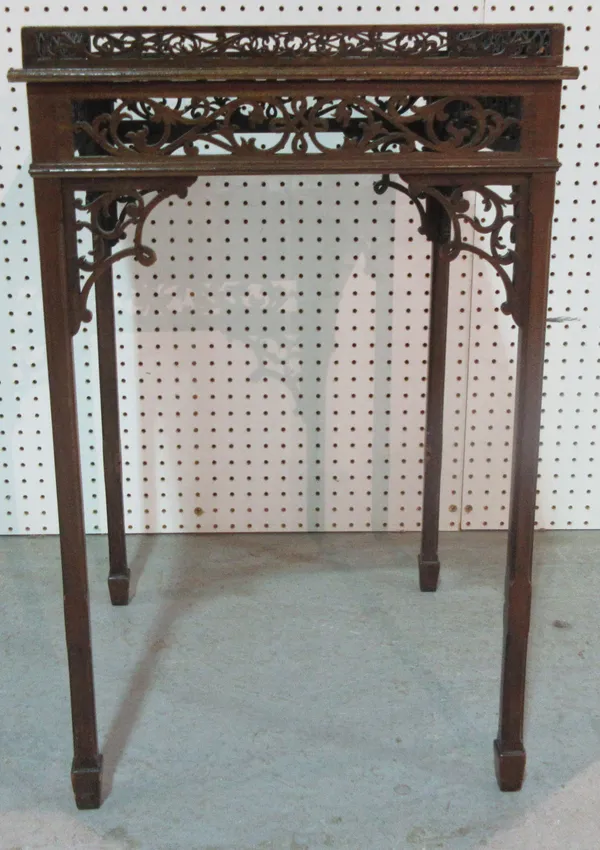 An 18th century style square mahogany silver table, with pierced fretwork and gallery top, 45cm wide x 78cm high. D6