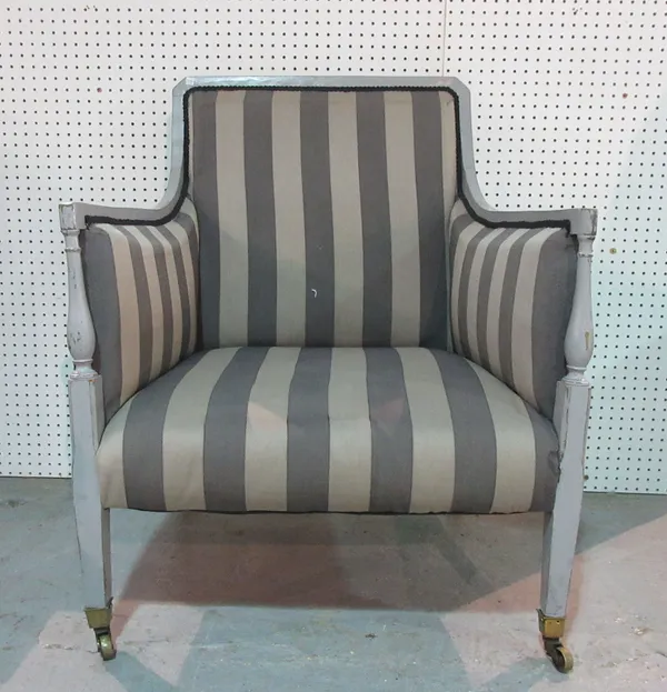 A 19th Century grey painted armchair with grey stripe upholstery.   C6