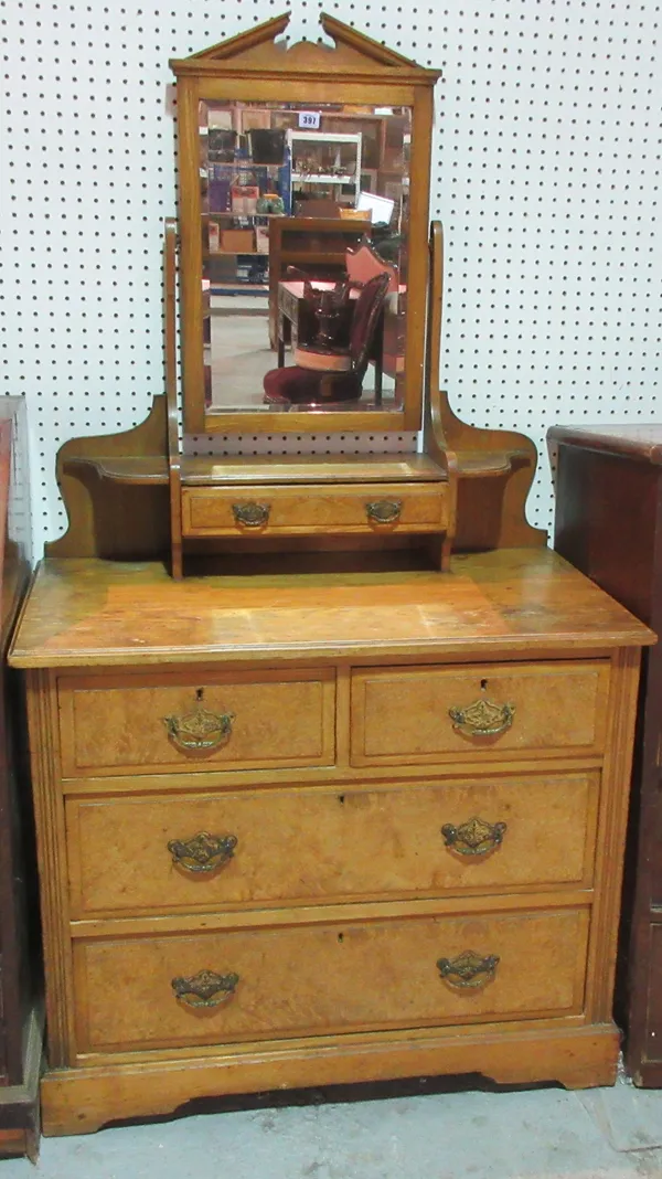 A late Victorian ash dressing table with swing frame mirror, 91cm wide.   H11