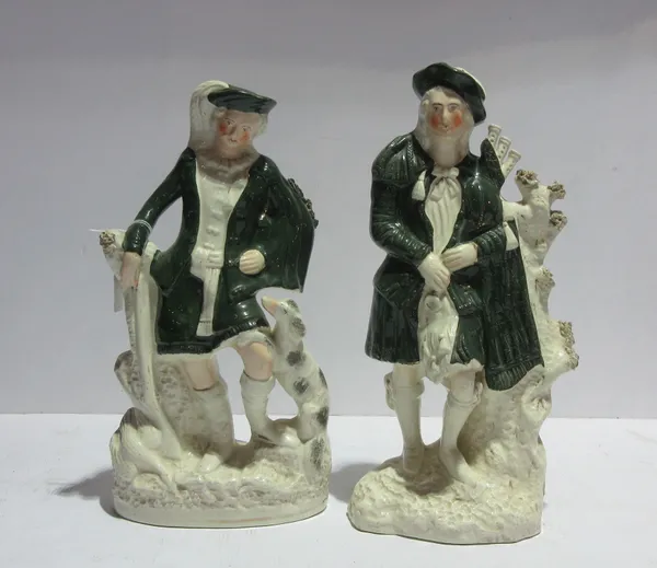 A group of pottery, mostly English, including; a pair of Staffordshire figures of Highlanders, a group titled 'Fortune Teller', a Staffordshire house,
