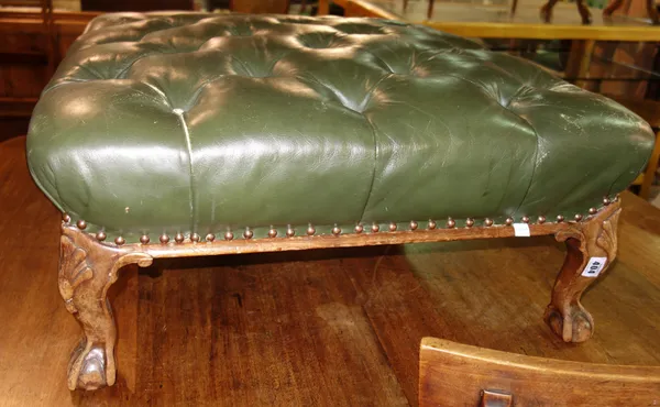 An 18th century style square footstool with studded green leather upholstery, on mahogany claw and ball feet, 72cm wide.  F7