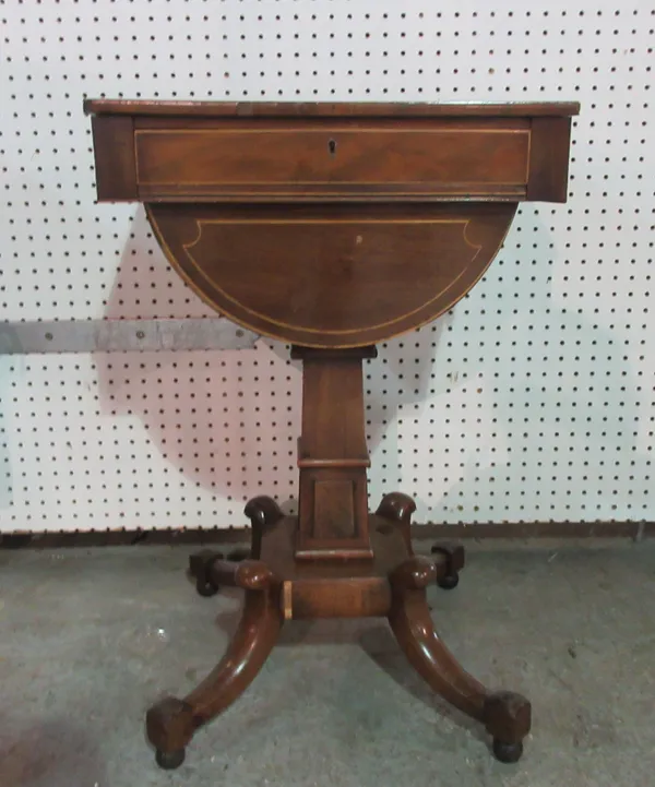 A 19th century mahogany work table, on square column and splayed feet, 47cm wide x 72cm high.   F10