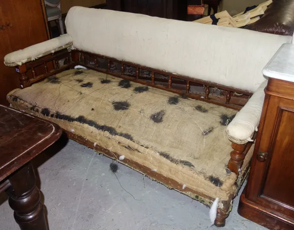 A 19th century mahogany square back show frame sofa, on turned supports, 156cm long.  K6