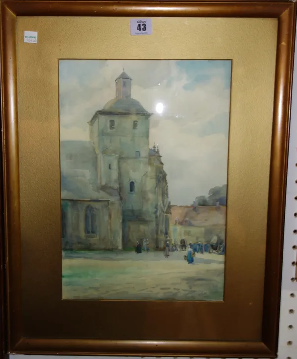 H. Keen (early 20th century), Tower on a Continental square, watercolour, signed, 36cm x 24cm.   J1